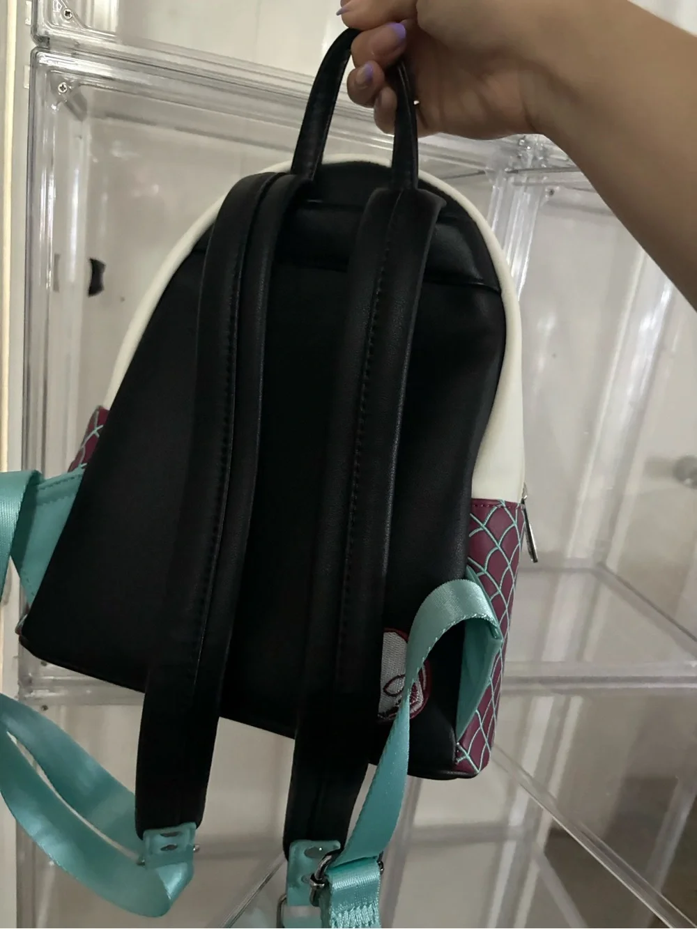 Spider Gwen Loungefly Black, White & Burgundy Mini Backpack with Teal Accents